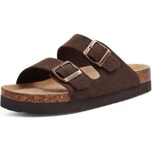 Platform Suede Sandals for Women Cork Footbed Adjustable Buckle Summer Slides